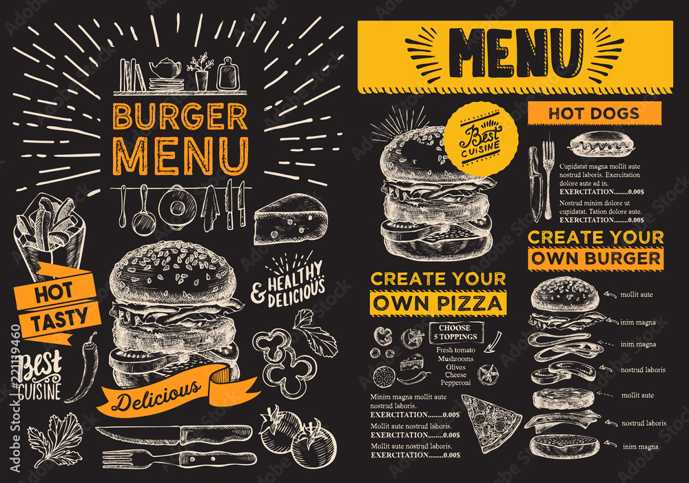 Burger flyer for restaurant. Vector food menu for bar and cafe. Design template with vintage hand-drawn illustrations.