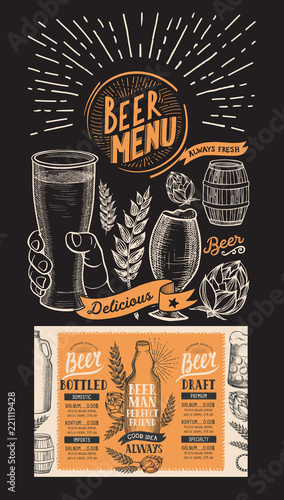 Beer menu for restaurant. Design template with hand-drawn graphic illustrations. Vector beverage flyer for bar.