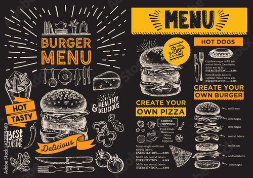 Burger flyer for restaurant. Vector food menu for bar and cafe. Design template with vintage hand-drawn illustrations.