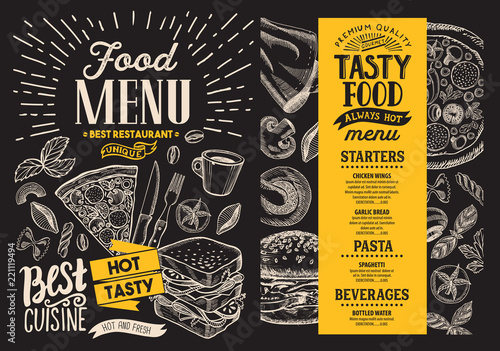 Food menu. Vector restaurant flyer on blackboard background. Design template with vintage hand-drawn illustrations.
