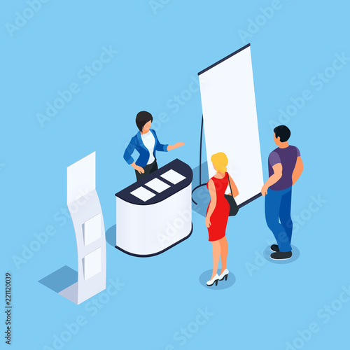 Isometric promotional booth with promoter.