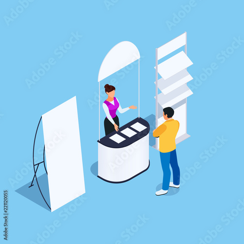 Isometric promotional booth with promoter.