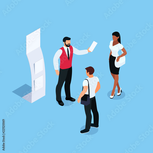 Isometric promotional booth with promoter.