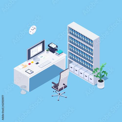 Isometric concept of office workplace.