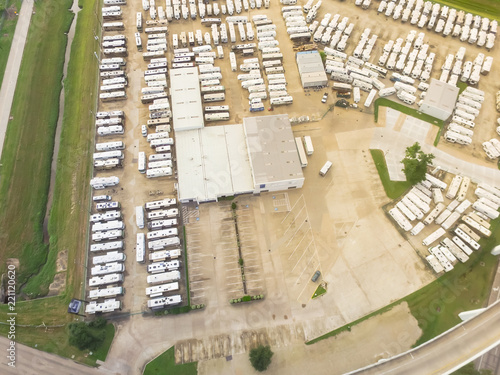 Aerial view new, pre-owned and consigned recreational vehicle at RV dealership, consignment parking lots in Houston, Texas, USA