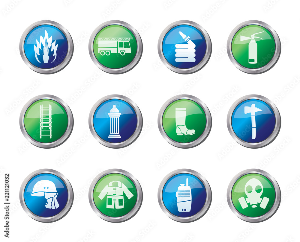 Fire-brigade and fireman equipment icons over colored background - vector icon set Fire-brigade and fireman equipment icons over colored background - vector icon set