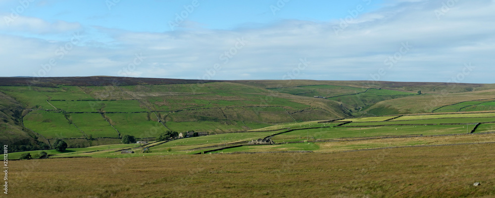 wide panoramic view of yorkshire dales landscape with fields and farmhouses enclosed by stone walls with open moorland above with blue sky and clouds