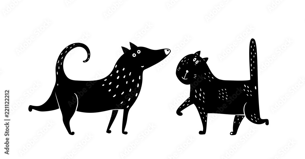 Fototapeta premium Domestic animals cat and dog monochrome design. Vector illustration.