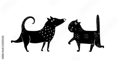 Domestic animals cat and dog monochrome design. Vector illustration.