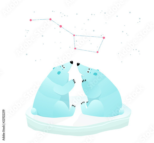 Constellation of the great bear and polar bears looking.