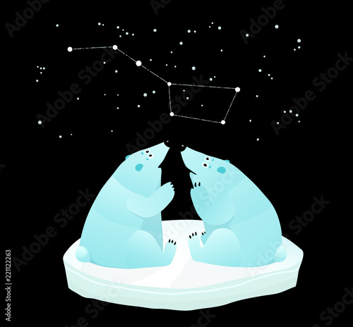 Constellation of the great bear and polar bears looking.