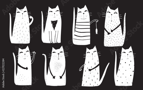 White monochrome graphic cats collection isolated on black.
