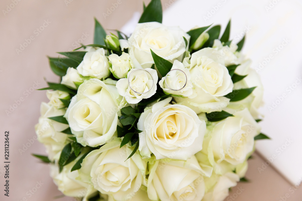 Fototapeta premium Beautiful bridal bouquet with different flowers