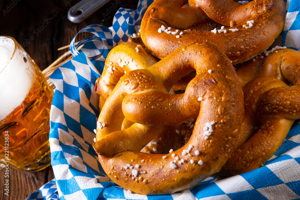 real homemade bavarian salty pretzel with beer real homemade bavarian salty pretzel with beer