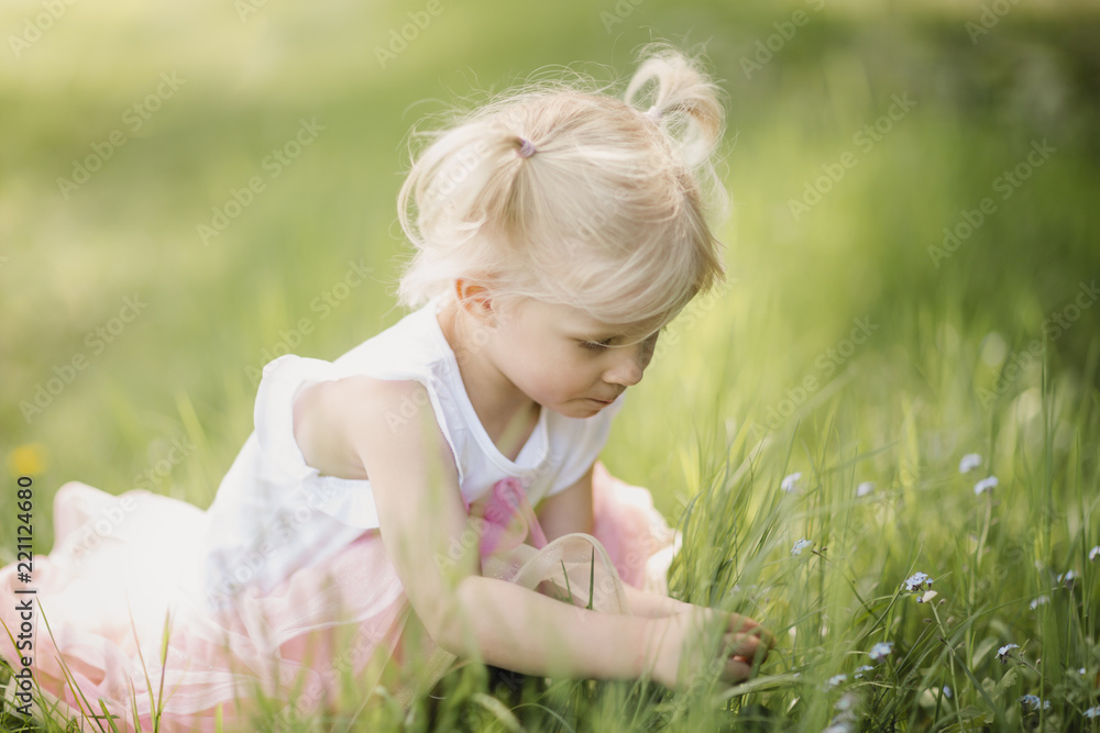 Blond little girl picking flowers on a meadow Blond little girl picking flowers on a meadow