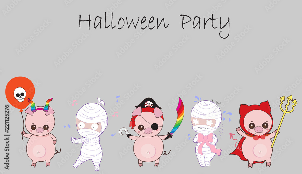 Cute little pig and mummy cartoon in different emotions. Kids costume   halloween   vector illustration.  Stock Vector | Adobe Stock
