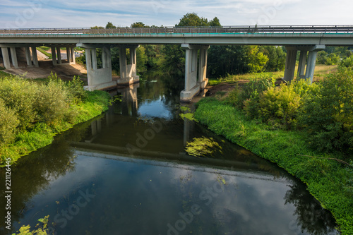  panorama view near big huge bridge across  river