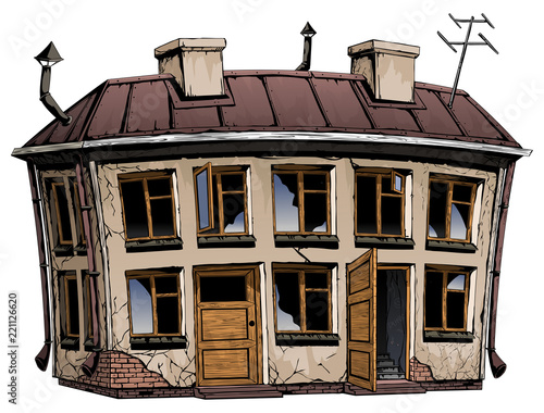 Ruined abandoned old house. Background element.