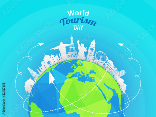 Paper cut style famous monuments of world with earth globe on shiny blue background world tourism day concept.