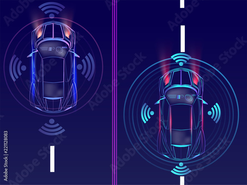 Top View of remote sensing, automotive car on urban lanscape background for futuristic technology concept.