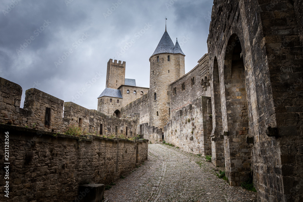 Step into medieval world with this stunning shot of Carcassonne fortress in France. Towering castle walls contrast against dramatic sky, creating perfect backdrop for historical, travel-themed project Step into medieval world with this stunning shot of Carcassonne fortress in France. Towering castle walls contrast against dramatic sky, creating perfect backdrop for historical, travel-themed project