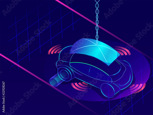 3D illustration of autonomous vehicle on abstract blue background for futuristic technology concept.