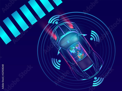 Top View of remote sensing, automotive car on urban lanscape background.