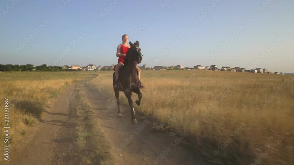 Young girl horseback rider in red dress riding black horse across grass field Young girl horseback rider in red dress riding black horse across grass field
