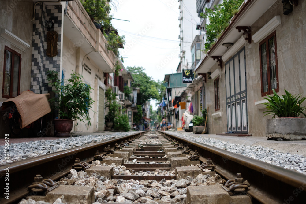 Abandoned railroad tracks in Hanoi, Vietnam.
