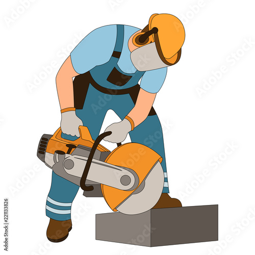 worker at curb stone cutting vector illustration flat 