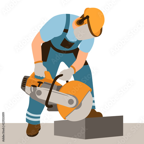 worker at curb stone cutting vector illustration flat