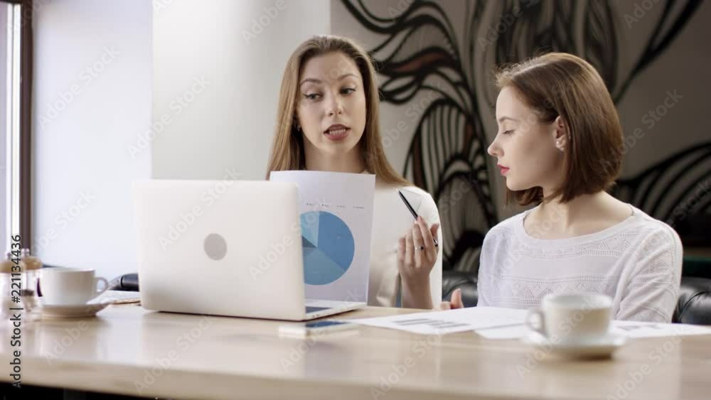 Two young business women are working with a laptop in a cafe. They are discussing and preparing the contract. It is a business meeting. Girls are sitting in the cafe at the table during coffee break Two young business women are working with a laptop in a cafe. They are discussing and preparing the contract. It is a business meeting. Girls are sitting in the cafe at the table during coffee break