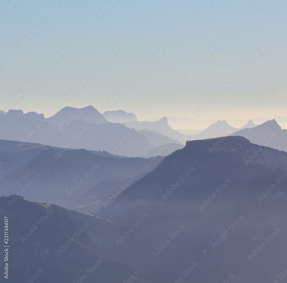 Silhouettes of mountains in the Bernese Oberland, Switzerland.