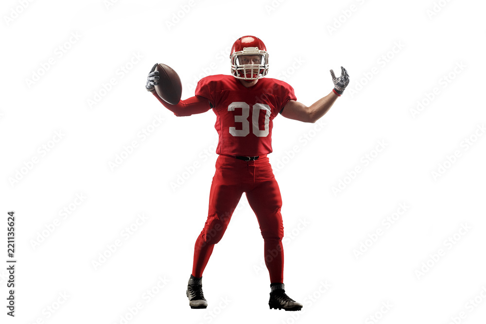 Active one american football player isolated on white background. Fit caucasian man in uniform posing over studio background. Human emotions and facial expressions concept Active one american football player isolated on white background. Fit caucasian man in uniform posing over studio background. Human emotions and facial expressions concept