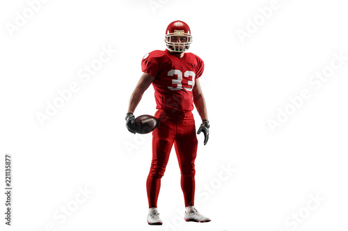 Active one american football player isolated on white background. Fit caucasian man in uniform posing over studio background. Human emotions and facial expressions concept