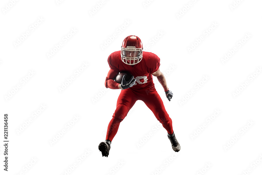 Active one american football player isolated on white background. Fit caucasian man in uniform jumping over studio background in jump or motion. Human emotions and facial expressions concept Active one american football player isolated on white background. Fit caucasian man in uniform jumping over studio background in jump or motion. Human emotions and facial expressions concept