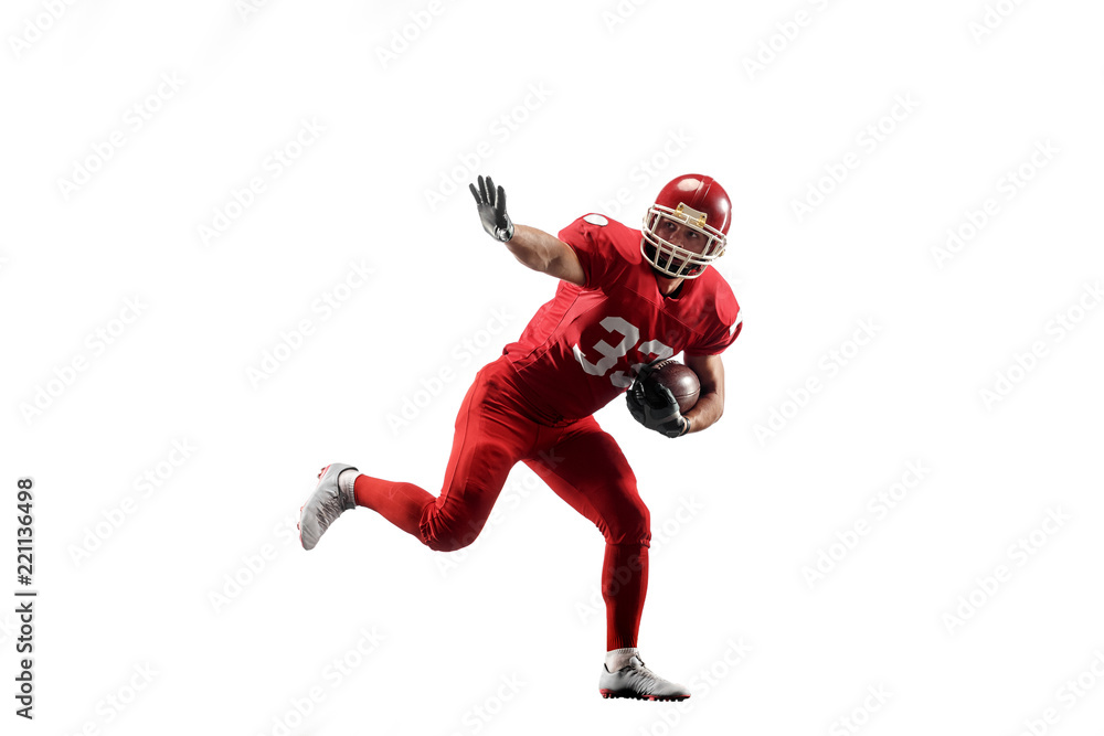 Active one american football player isolated on white background. Fit caucasian man in uniform jumping over studio background in jump or motion. Human emotions and facial expressions concept Active one american football player isolated on white background. Fit caucasian man in uniform jumping over studio background in jump or motion. Human emotions and facial expressions concept