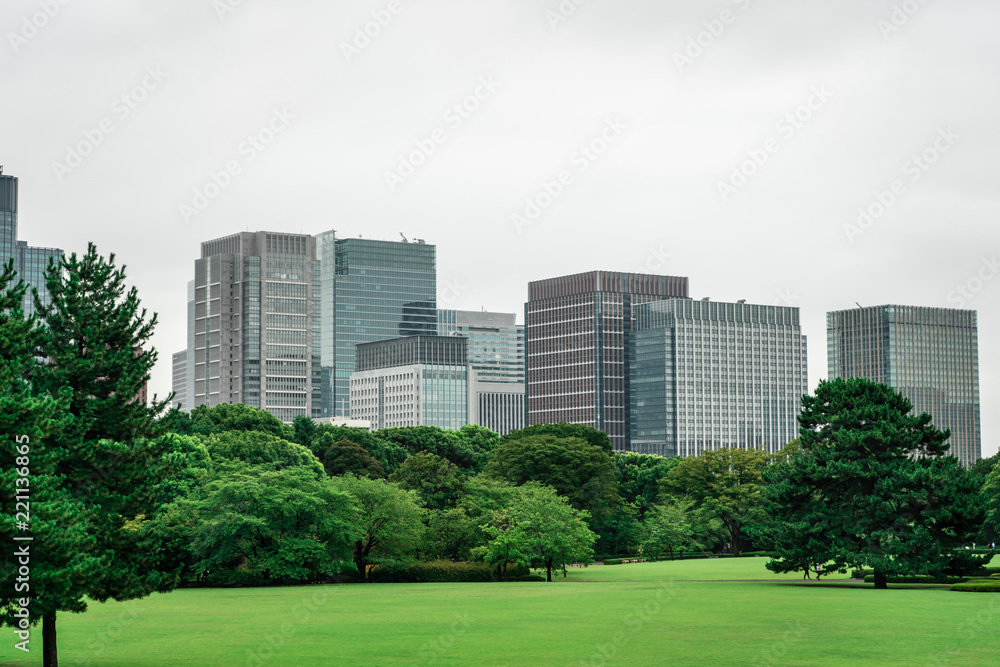 View of Imperial Palace East Garden with business buildings in background and park in foreground, Tokyo, Japan View of Imperial Palace East Garden with business buildings in background and park in foreground, Tokyo, Japan