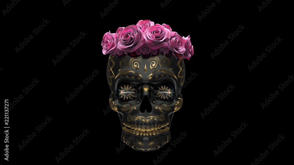  Metallic Mexican skull with roses on black background. Day of the dead Mexican holiday.