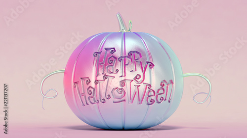 Pumpkin painted with iridescent metallic ink written happy halloween on pink background. 3d illustration