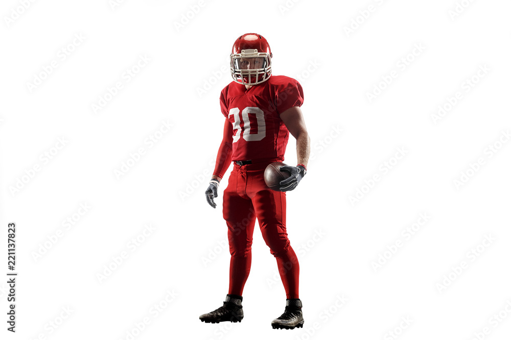 Active one american football player isolated on white background. Fit caucasian man in uniform posing over studio background. Human emotions and facial expressions concept Active one american football player isolated on white background. Fit caucasian man in uniform posing over studio background. Human emotions and facial expressions concept