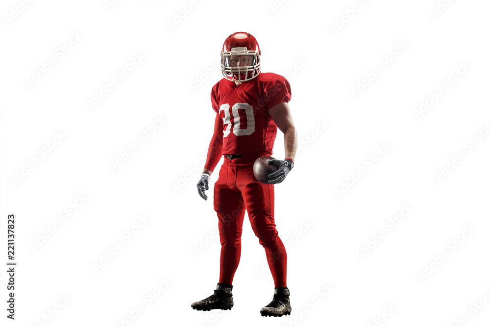 Active one american football player isolated on white background. Fit caucasian man in uniform posing over studio background. Human emotions and facial expressions concept