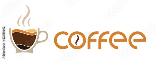 Morning cup of coffee for waking up. Logo or emblem. Layers of coffee in a cup and steam on top