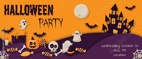 Happy Halloween Party Banner with  pumpkins, ghosts, candy, witch broom, bats, cobwebs, skulls, bones, headstones, witch hats. Flat icon. Vector Illustration