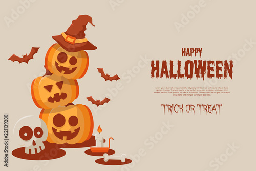 Happy Halloween Background with  pumpkins, ghosts, candy, witch broom, bats, cobwebs, skulls, bones, headstones, witch hats. Flat icon. Vector Illustration