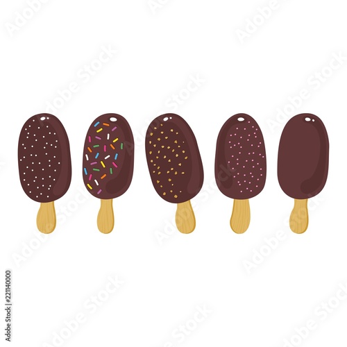lody na patyku w polewie czekoladowej z kolorową posypką i orzechami równy rząd lato ilustracja na białym tle
