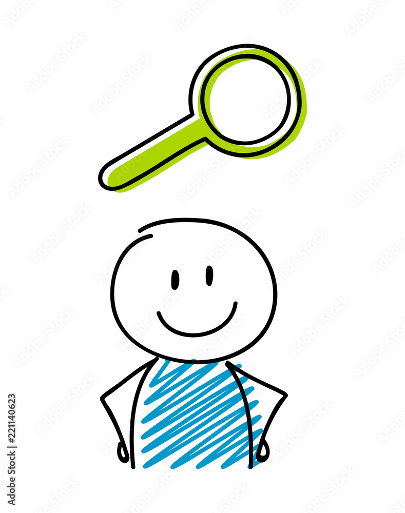 Magnifier icon with smiley stickman. Vector. Magnifier icon with smiley stickman. Vector.