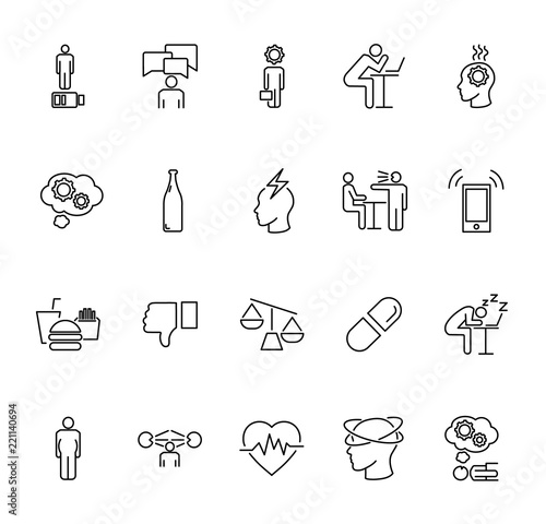 Stress causes outline icon collection. Vector illustration why people are stressed.