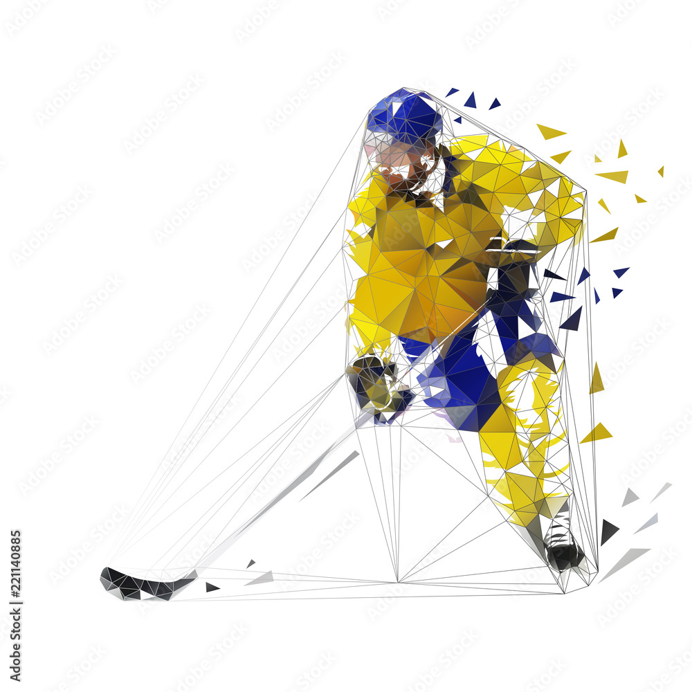 Obraz premium Hockey player, polygonal vector illustration. Low poly ice hockey skater with puck