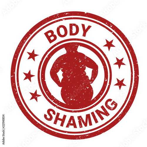 Body shaming - fat and obese woman body is labelled with body-shaming stamp. Negative body image because of overweight and ugly figure. Assault and attack because of physical beauty